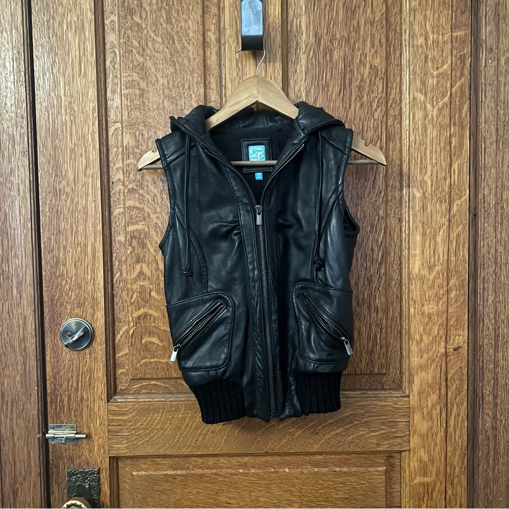 Barney’s New York CO-OP Leather Black Vest XS Hooded Zip Up Biker Moto Punk - Picture 2 of 12